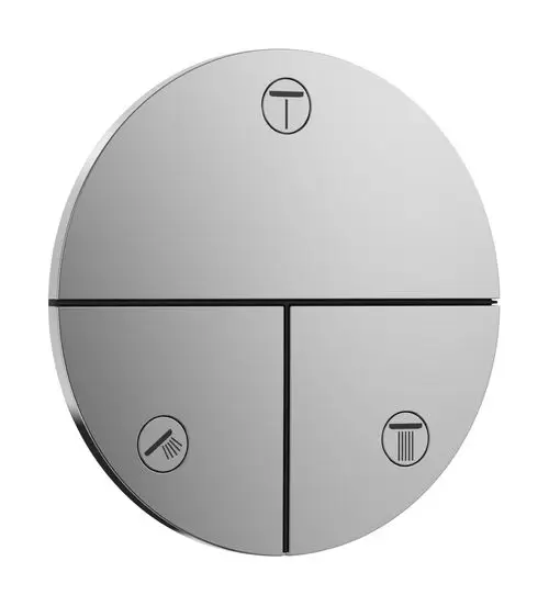 Runder, spiegelnder Hebel mit drei quadratischen Abschnittsmarkierungen, bedruckt mit Symbolen für Dusch- und Mischwasserfunktion, von Hansgrohe.